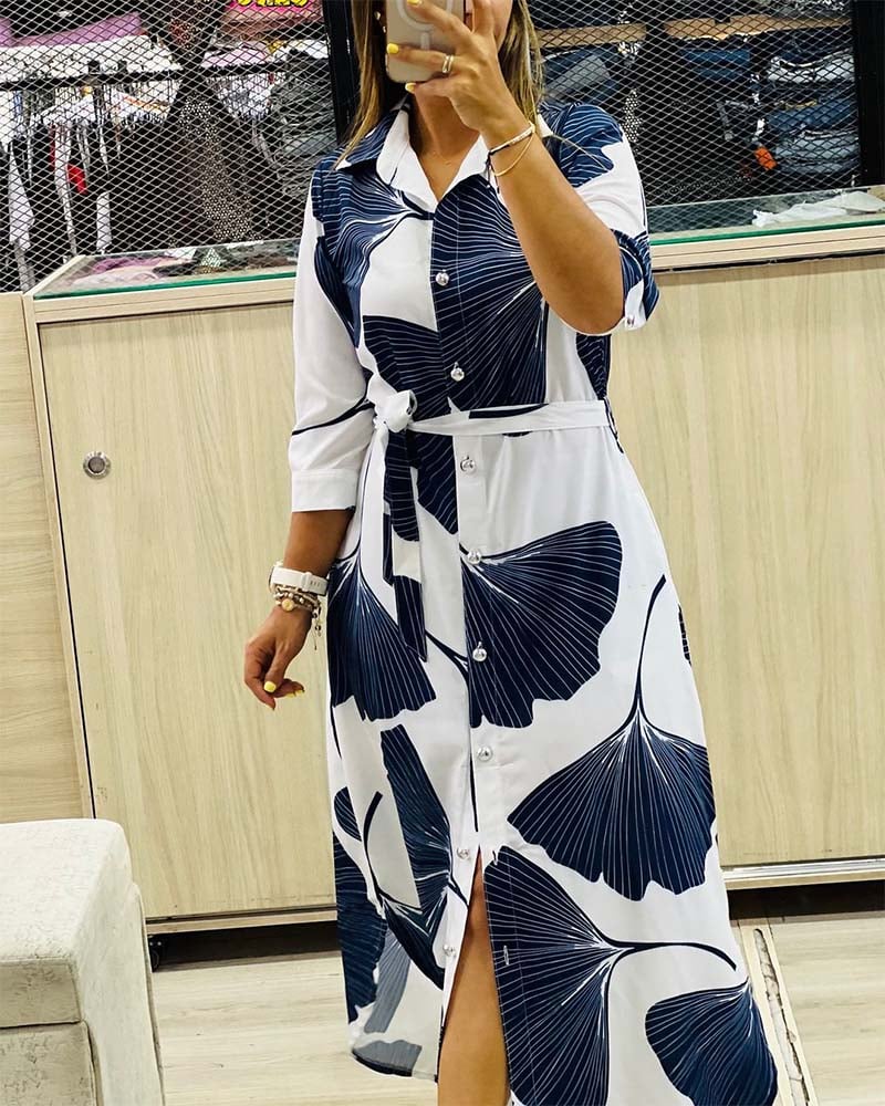 Casual ginkgo leaf print buttoned lace-up dress