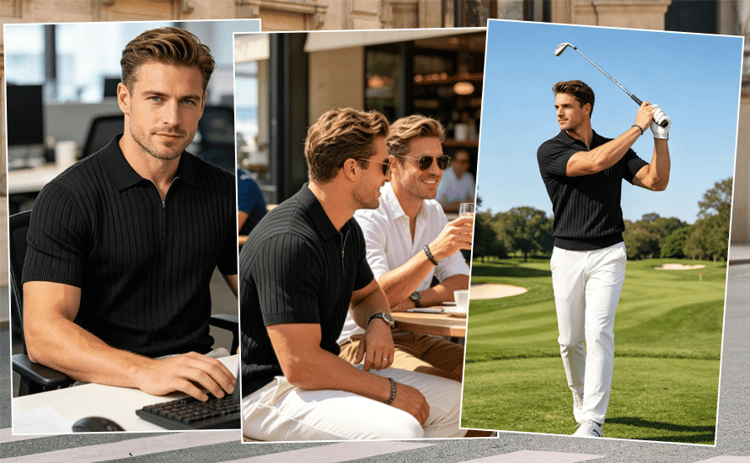 Men's zipper ribbed knit polo shirt detail 5