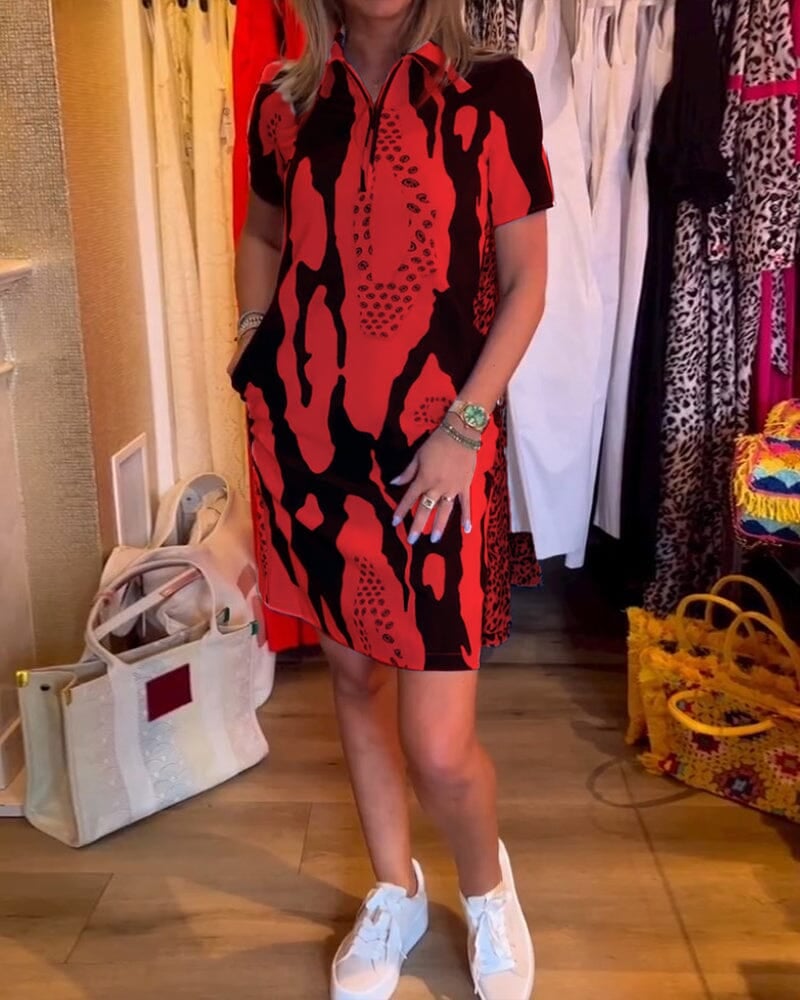 Printed lapel short sleeve dress
