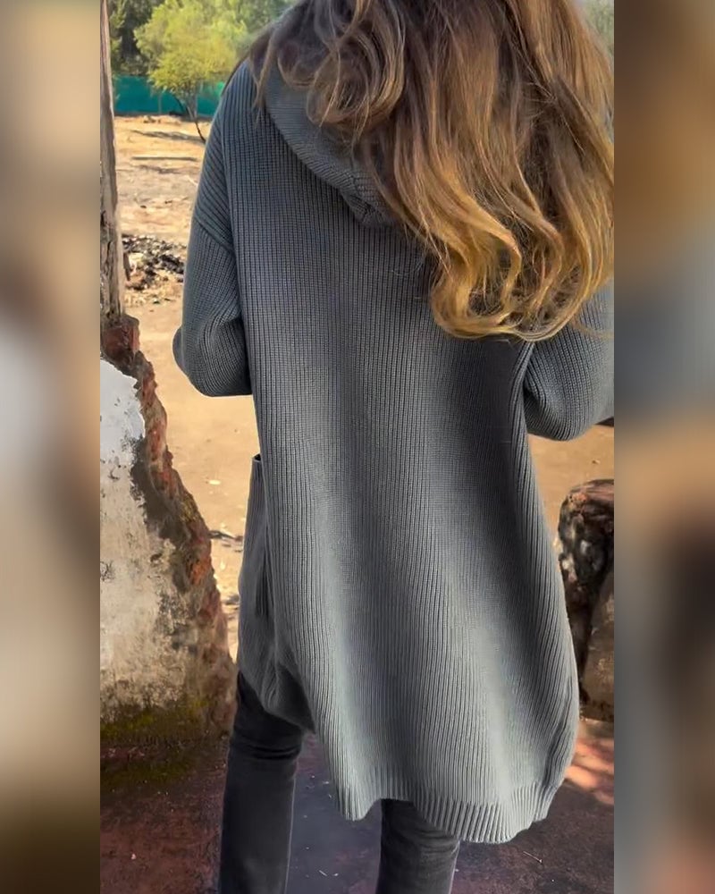 Casual ensfarvet cardigan med hætte og lommer