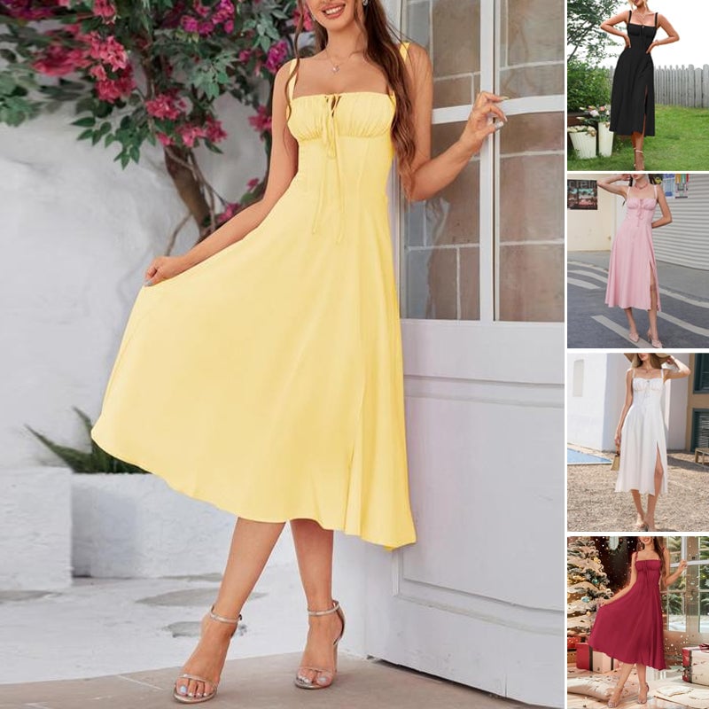 Elegantes einfarbig geschlitztes Cami-Kleid mit Taillenbinde