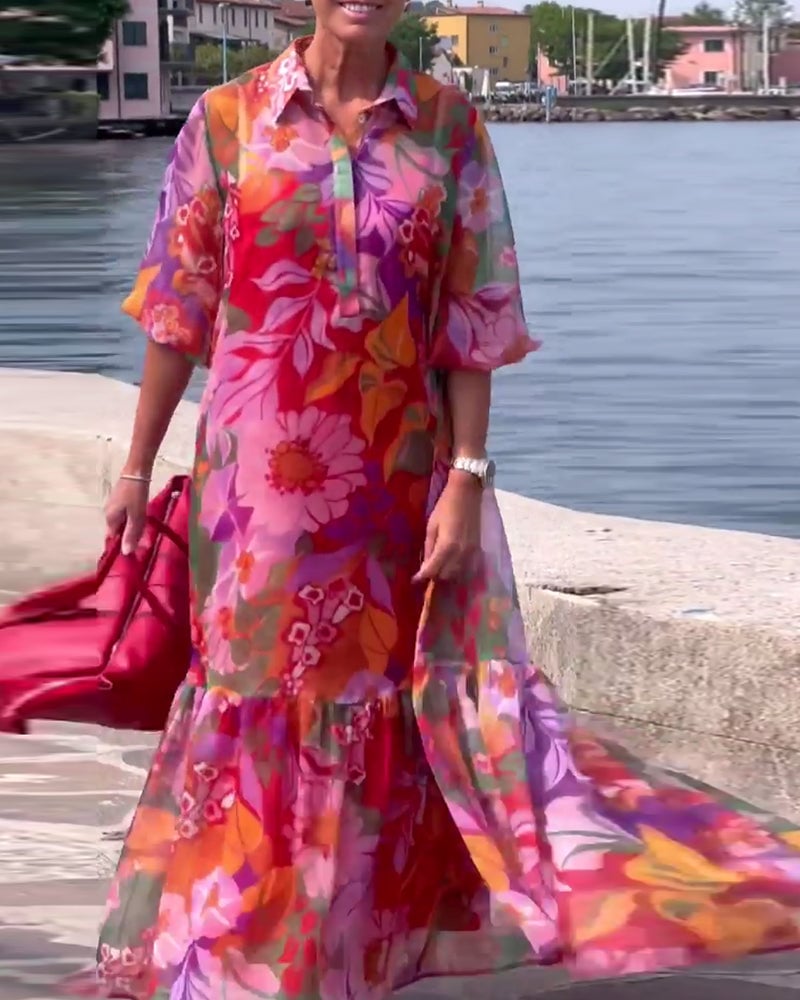 Colorful Printed Lantern Sleeve Loose Dress