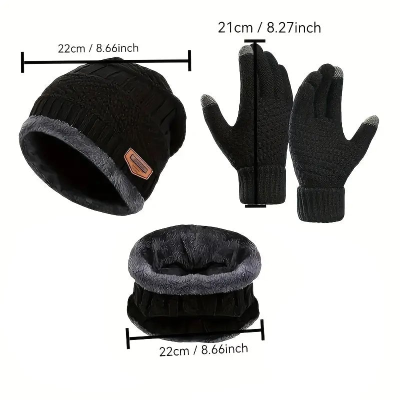 Knit Beanie Scarf and Gloves Warm 3-Piece Set