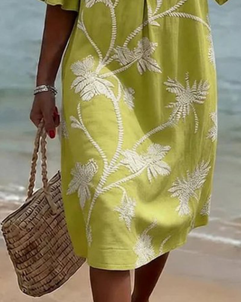 Petite V-Neck Ruffle Three-Quarter Sleeve Dress
