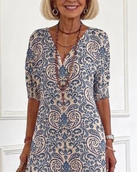 Klänning Vintage Blommönster V-Hals Maxi