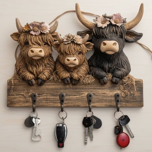 Highland Cow Wooden Key Holder Decor