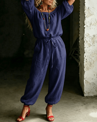 Off-Shoulder Tie Waist Cinched Waist Jumpsuit