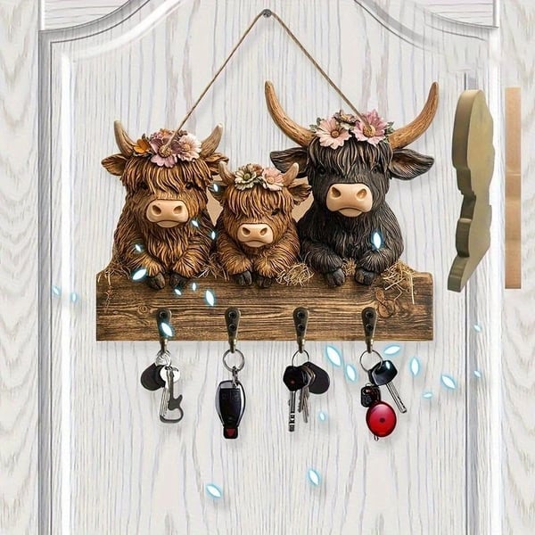 Highland Cow Wooden Key Holder Decor
