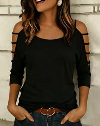 Solid Color Elbow-Length Sleeve Off-Shoulder T-Shirt