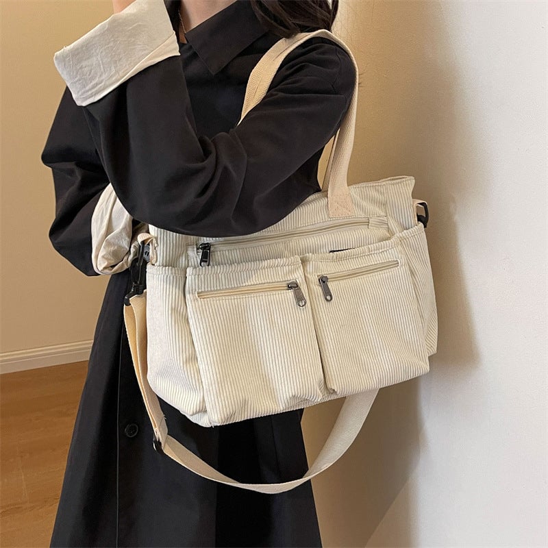 Sac fourre-tout en velours côtelé de couleur unie avec plusieurs compartiments
