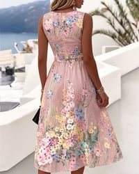 Sleeveless Floral Print Waist-Cinching Dress