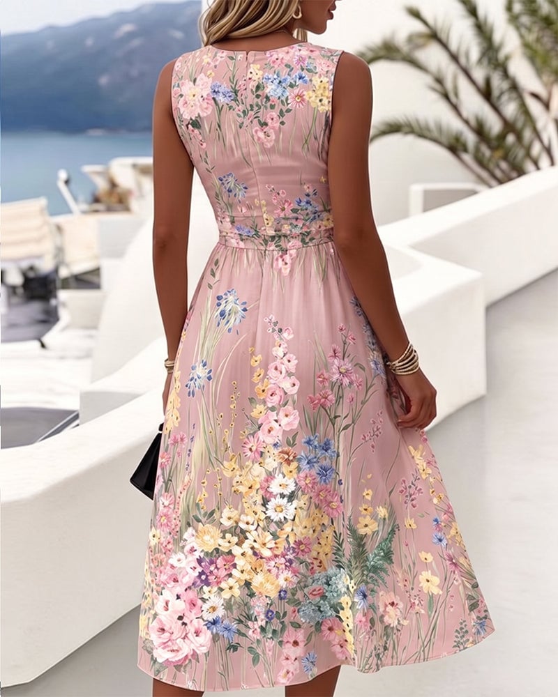 Sleeveless Floral Print Waist-Cinching Dress