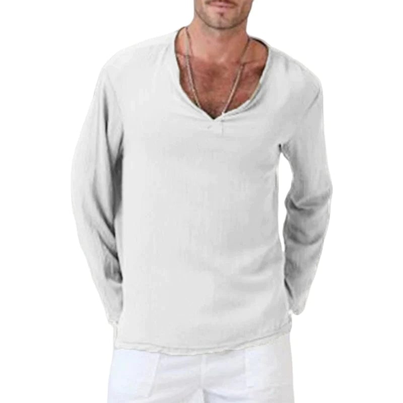 Men's Linen Loose Long Sleeve T-Shirt V-neck Solid Color Top