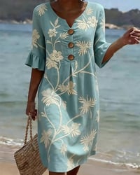 Petite V-Neck Ruffle Three-Quarter Sleeve Dress