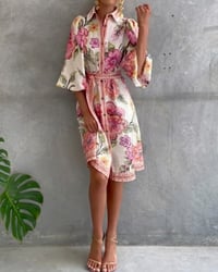 Lantern Sleeve Notched Collar Printed Dress