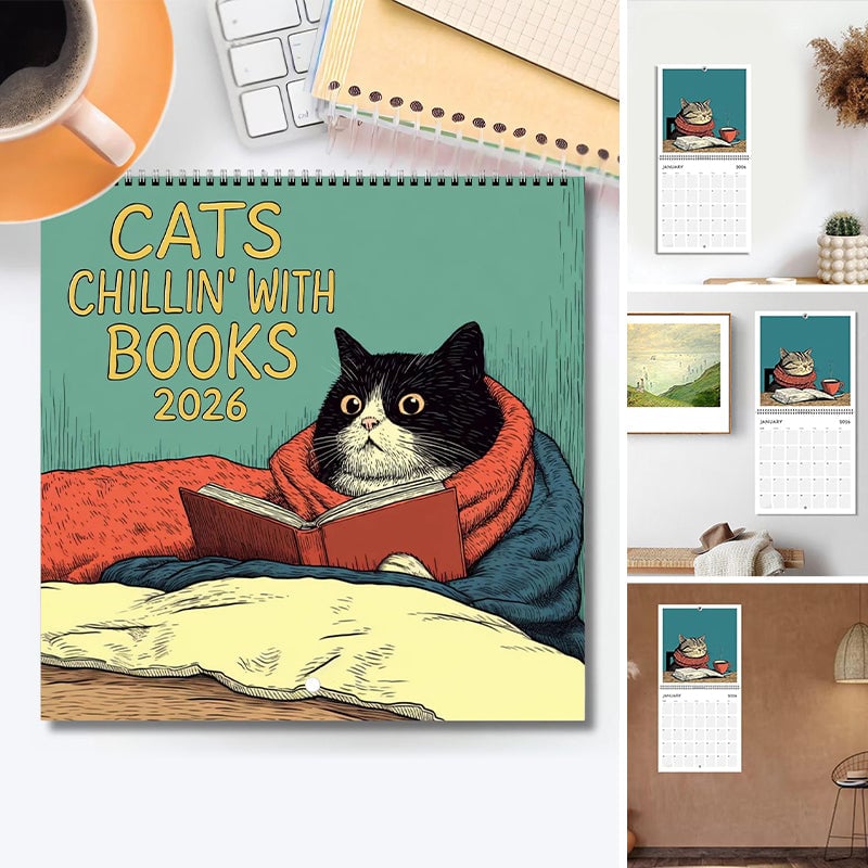 Cats Chillin' with Books 2026 Wall Calendar